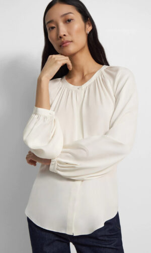Theory Romantic Gathered Shirt in Stretch Silk